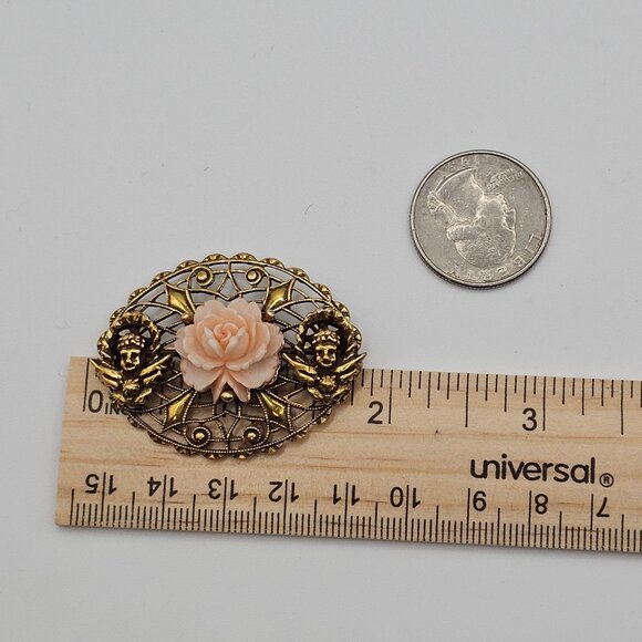 Victorian Style Brooch Pin Rose Filigree Floral Angel Cherub Gold Tone Vtg Lapel - Picture 7 of 7